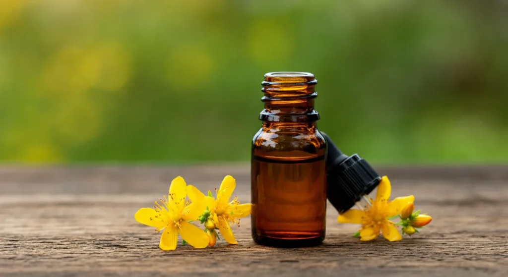 Frasco de aceite de hipérico junto a flores amarillas y un símbolo de advertencia sobre sus contraindicaciones