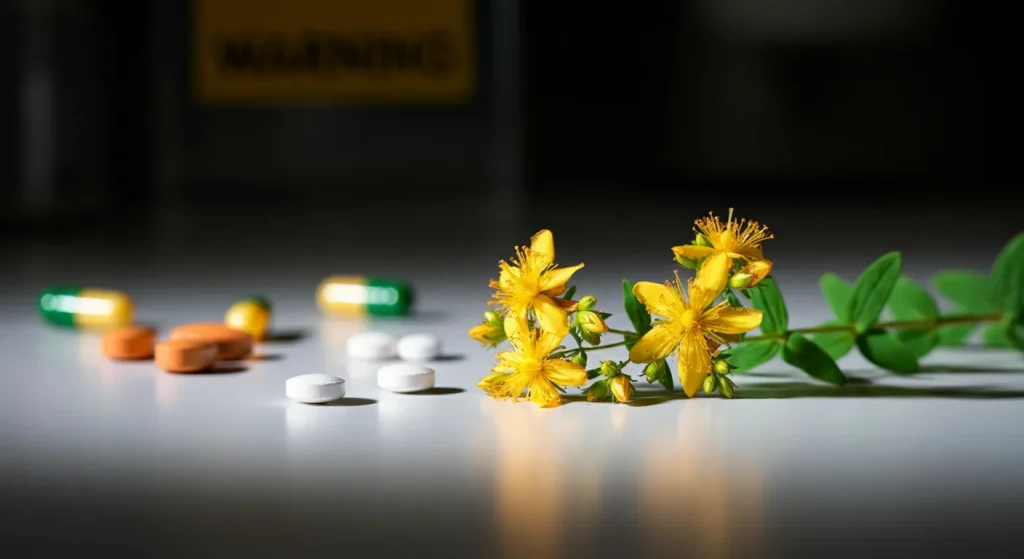 Flores amarillas de hipérico junto a pastillas, ilustrando las contraindicaciones de la hierba de San Juan.