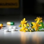 Flores amarillas de hipérico junto a pastillas, ilustrando las contraindicaciones de la hierba de San Juan.