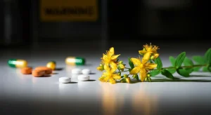 Hipérico: Propiedades, Usos, Seguridad y Cultivo — Guía Completa 4 Flores amarillas de hipérico junto a pastillas, ilustrando las contraindicaciones de la hierba de San Juan.