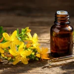 Flores amarillas de hipérico y aceite de hierba de San Juan mostrando sus propiedades